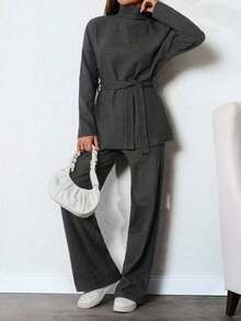 SHEIN Tall Solid Color Turtleneck Casual Sweater 2pcs/Set, Tall Women - Dark Grey - View 4