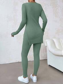 EURMUSE Bộ áo thun nữ bằng cotton màu trơn cổ tròn, gấu áo xẻ tà, gồm áo thun và quần bó sát. - Màu xanh Bạc hà - Xem 2