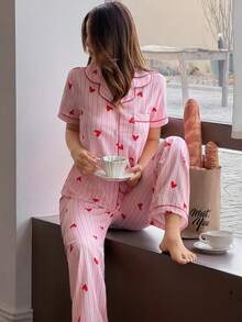 Dream Adore Nuevo conjunto de pijama de mujer con mangas cortas, rayas y abertura delantera - Multicolor - Ver 6