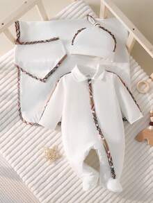 Newborn Baby Pajamas-4 Piece Pajama Set White Plaid Trim Collared Long Sleeve Footed Romper Hat Bib Blanket Classic Elegant Gender Neutral Four Seasons Everyday Wear Special Occasion Holiday 2026 Must Have Premium Heirloom Quality Gift - White - View 1