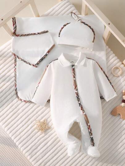 Newborn Baby Pajamas-4 Piece Pajama Set White Plaid Trim Collared Long Sleeve Footed Romper Hat Bib Blanket Classic Elegant Gender Neutral Four Seasons Everyday Wear Special Occasion Holiday 2026 Must Have Premium Heirloom Quality Gift