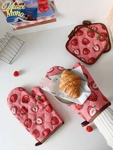 Strawberry Pattern Kitchen Thickened Cooking Microwave Gloves And Insulation Mat For Daily Home Use Kitchen Restaurant Oven Gloves Insulation Mat Set 2PCS 4PCS - Strawberry - View 6