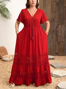 SHEIN Clasi Đầm cỡ lớn thanh lịch phối ren cổ chữ V kiểu Bohemian - Đỏ - Xem 5