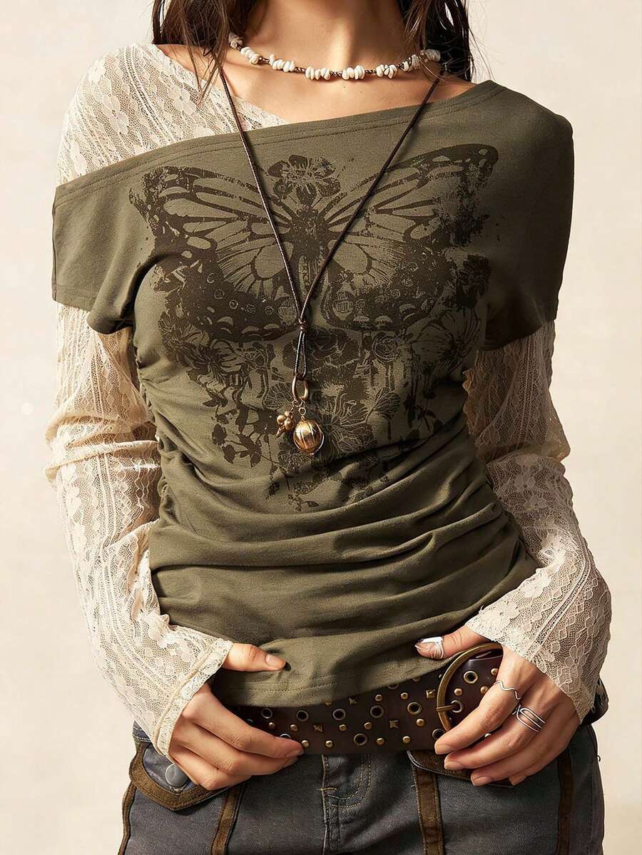 Bohemela Blusa casual de punto con estampado de leopardo y hombros descubiertos con mangas acampanadas para mujeres