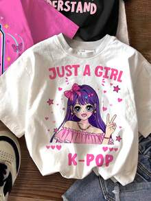 SHEIN Fashionable Regular Length Cute Letter Patterned Short Sleeve Tee For Young Girls - Multicolor - View 3