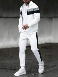 Manfinity CasualCool 男士秋冬撞色连帽卫衣+抽绳腰运动裤，浅灰色拼接，休闲百搭，适合室内外穿着。男士运动套装，男士运动服套装，男士灰白套装，男士两件套，白色男士慢跑服，休闲运动服，日常休闲、周末旅行、户外活动、探险旅行、轻松的工作环境或半正式场合，男友/老公礼物，周年纪念礼物 - 白色 - 查看 4