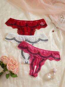 3pcs Women's Lace Floral Bow Hollow Out Design Panty Set - Multicolor - View 1