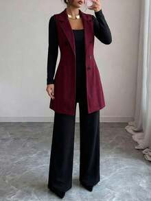 Chaleco largo maxi suave botonadura elegante pantalón y top comodo suave set 3 piezas elegante otoño invierno - Rojo violeta - Ver 1