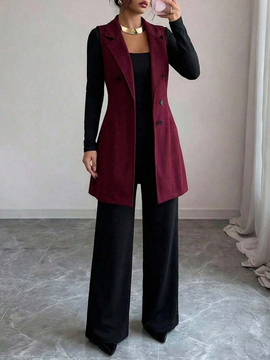 Chaleco largo maxi suave botonadura elegante pantalón y top comodo suave set 3 piezas elegante otoño invierno - Rojo violeta - Ver 1