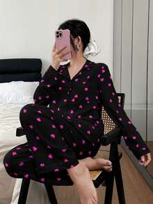 Dream Adore Bộ đồ mặc nhà in hình trái tim nhăn nhẹ dành cho nữ, thích hợp mặc trong nhà và ngoài trời. - màu đen - Xem 6