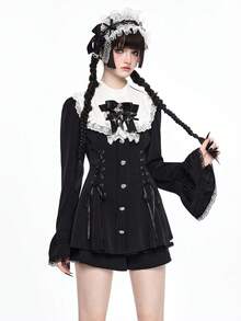 ROMWE Gothic Dark Peter Pan Collar Bow Tie Cross Pendant Fitted Shirt & Shorts 2 Pieces Set - Black - View 5