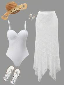 Swim Oasis Eleganter Spitzen-Badeanzug mit romantischem Rock, Frühling/Sommer 2026, Strandmode 2026 Neuankömmling für Schule, geeignet für Urlaub, Date, Nachmittagstee, Western, Kreuzfahrt, Strand, Insel, Roadtrip, alle Jahreszeiten, Musikfestival, Boho-Urlaub, Boho-Urlaub, entspannter Herbst, Western Boho, eleganter Damen-Badeanzug Weiß - Weiss - Übersicht 1