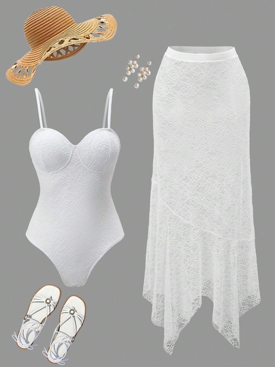 Swim Oasis Eleganter Spitzen-Badeanzug mit romantischem Rock, Frühling/Sommer 2026, Strandmode 2026 Neuankömmling für Schule, geeignet für Urlaub, Date, Nachmittagstee, Western, Kreuzfahrt, Strand, Insel, Roadtrip, alle Jahreszeiten, Musikfestival, Boho-Urlaub, Boho-Urlaub, entspannter Herbst, Western Boho, eleganter Damen-Badeanzug Weiß - Weiss - Übersicht 1