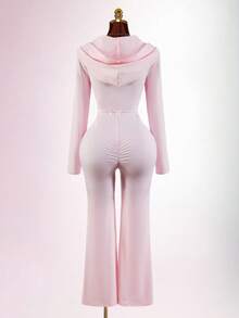 Amplova 女士连体连帽衫，性感褶皱露背长款连体裤，带帽设计，适合早春运动休闲穿着 - 粉色 - 查看 9