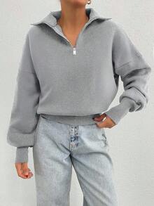 EURMUSE Sudadera oversize de 100% algodón con cremallera y patrón de cuello - Gris - Ver 3