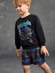 SHEIN How to Train Your Dragon 2pcs/Set Young Boy Casual Letter & Dragon Print Crew Neck Sweatshirt And Shorts Set, Autumn - Black - View 5