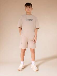 SUMWON Boys Los Angeles California Graphic Print T-Shirt And Shorts Co-Ord Set Summer Casual Crew Neck Short Sleeve Outfit - Khaki - View 2