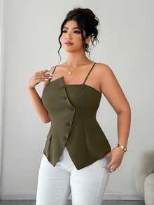 Elenzga Plus Size Casual Army Green Asymmetrical Button Front Woven Fabric Cami Top Regular Length Spaghetti Strap Tank Top - Army Green - View 5