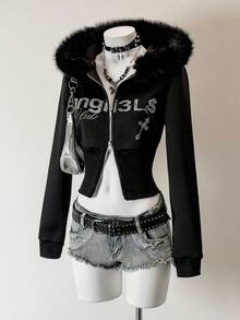 Jeanoix Women's Tight Fit Printed Patchwork Faux Fur Collar Hooded Sweatshirt - Black - View 3