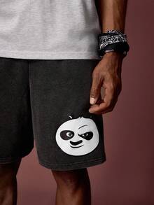 SHEIN Kung Fu Panda Men's Casual Panda Print Round Neck Short Sleeve T-Shirt And Shorts Set, Summer - Grey - View 6