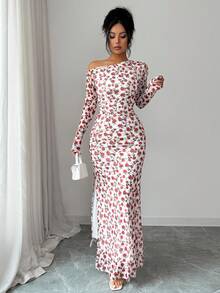 SHEIN Raffinéa 女士优雅玫瑰印花褶皱网纱花卉不对称领高开衩连衣裙，秋季服装 - 白色 - 查看 5