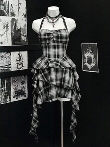 EgrlEra Đầm ngắn kiểu Gothic gợi cảm dành cho nữ, thiết kế bất đối xứng, xếp nếp, hở lưng, cổ yếm, có khoen cài, thích hợp cho mùa hè. - Nhiều màu - Xem 4