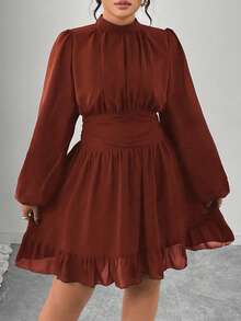 Elenzga 大码女士优雅派对藏蓝色立领荷叶边装饰长袖修身中长连衣裙 - 橘色 - 查看 3