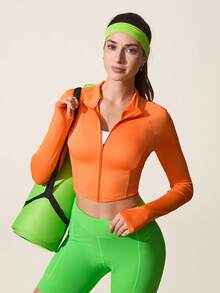 SHEIN Dewbera Women's Raglan Sleeve Zip Front Cropped Orange Sports Jacket - Orange - View 1