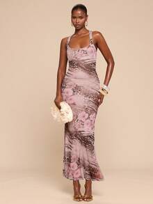 SHEIN BAE 豹纹和花卉印花露背连衣裙，金属扣装饰，优雅连衣裙，适合海滩派对、度假、夏季、正式场合。 - 彩色 - 查看 6