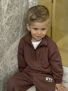 2pcs/Set Toddler Boys' Casual Zip-Up Collar Long Sleeve Top And Letter Print Pants Set, Suitable For Autumn/Winter Wear, Everyday Or Back To School - Brown - View 6