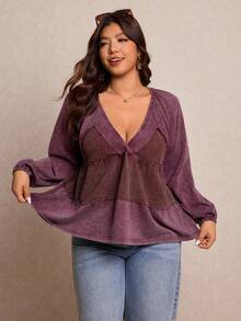 Elaquor Plus Size Women V-Neck Raglan Sleeve Casual T-Shirt - Purple - View 1