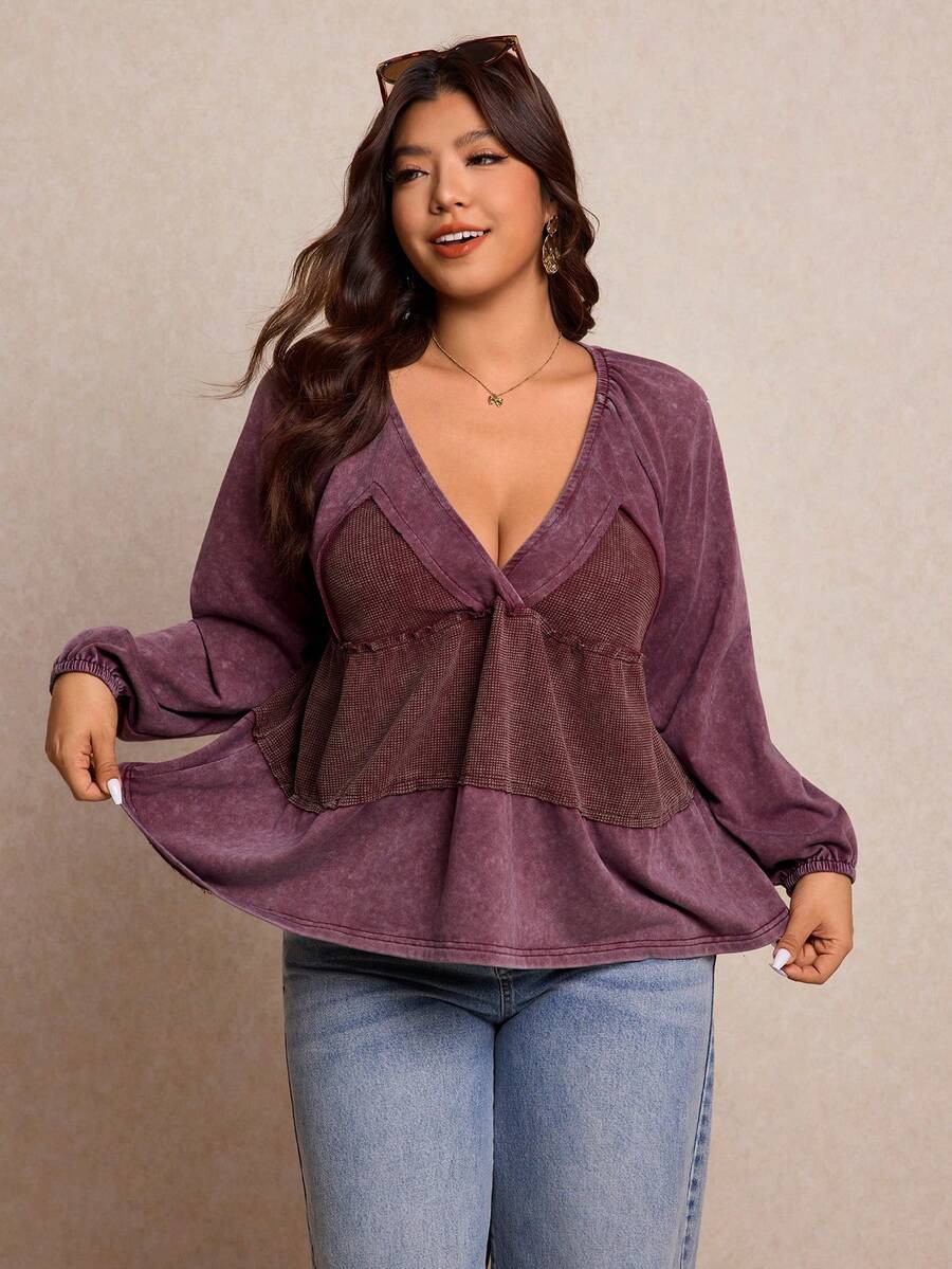 Elaquor Plus Size Women V-Neck Raglan Sleeve Casual T-Shirt - Purple - View 1