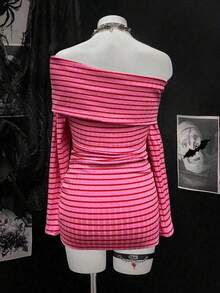 EgrlEra Women's Fashionable Black And Gray Striped Long Sleeve Dress - Multicolor - View 2