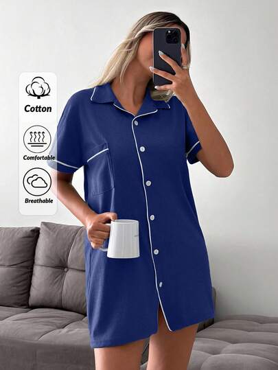 SHEIN PLUS Size Cotton Women Blue Button Front With Contrast Colour Detail Binding Short Sleeved Homewear Comfort Casual Lounge Pajama Dress