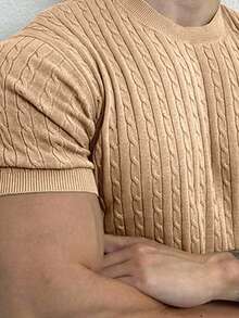 Manfinity Homme Suéter de cuello redondo de unicolor con mangas raglán y tejido de punto de cable para hombre - Champán - Ver 4