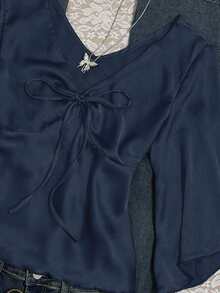 INAWLY 女士纯色简约长袖系带衬衫，休闲日常穿着 - 藏蓝色 - 查看 3