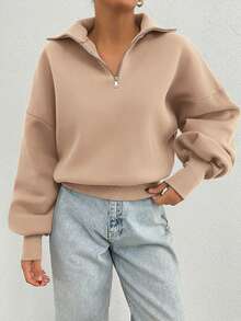 SHEIN Tall 100%純棉領口拉鍊圖案寬鬆版衛衣，適合高個女性 - 米色 - 查看 4