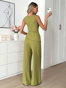 Easowa Bộ đồ nữ phong cách thường ngày, màu trơn, chất liệu vải có họa tiết, áo hai dây bất đối xứng viền bèo và quần ống rộng, thích hợp cho kỳ nghỉ xuân/hè/thu, trang phục ngày lễ tình nhân, trang phục đi nghỉ mát cho nữ, màu xanh bơ, phong cách đường phố, thời trang thường ngày, bộ hai mảnh, bộ hai mảnh dáng dài, bộ hai mảnh thường ngày, bộ hai mảnh màu xanh lá cây cho nữ, trang phục mùa xuân thanh lịch cho nữ, quần áo thường ngày. - Màu xanh Ô liu - Xem 4