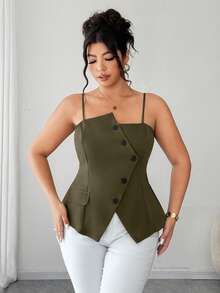 Elenzga Plus Size Casual Army Green Asymmetrical Button Front Woven Fabric Cami Top Regular Length Spaghetti Strap Tank Top - Army Green - View 6