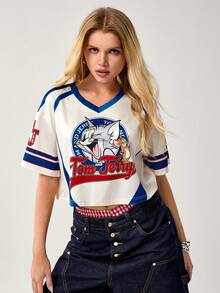 TOM & JERRY X SHEIN Women's Casual Daily Commute Fashion Street Cute Cartoon Letter Graphic Contrast Color V-Neck Loose T-Shirt, Summer - Khaki - View 1