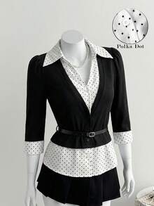 SHEIN MOD 撞色波点V领中袖翻领女士休闲商务学院风上衣，配腰带，休闲女装，波点上衣，黑白上衣，两用上衣，外出上衣 - 黑與白 - 查看 3