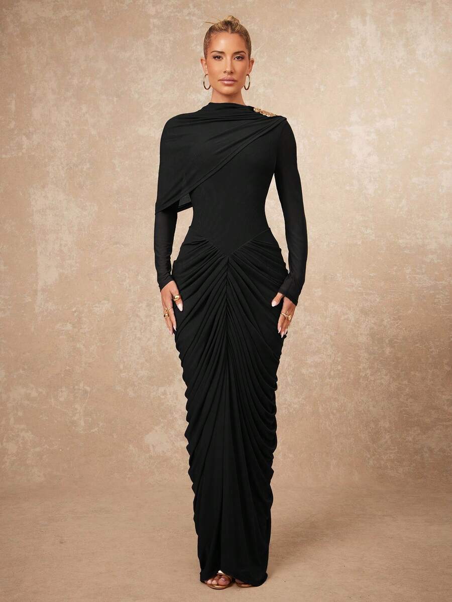 Lumalex Asymmetrical Metal Decor Mesh Soft Flowy Ruched Waist Bodycon Long Sleeve Dress For Women - Black - View 1