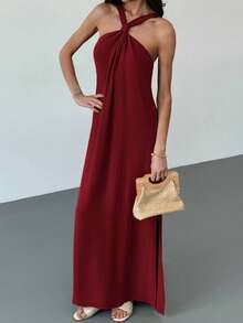 Aloruh Sleeveless A-Line Dress For Women, Apricot Color, Suitable For Spring/Summer Vacation - Burgundy - View 4