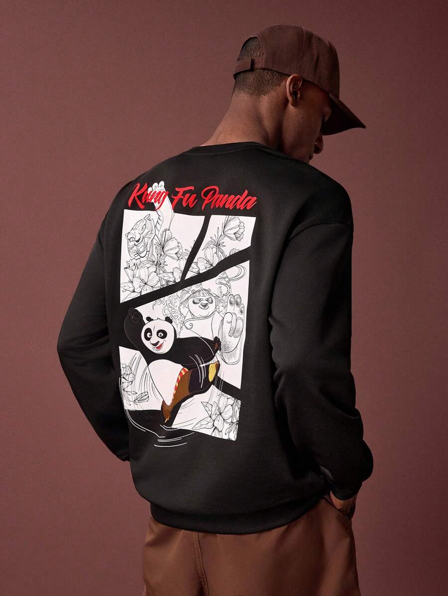 SHEIN Kung Fu Panda Men's Casual Panda Print Crew Neck Sweatshirt, Autumn - Black - View 1