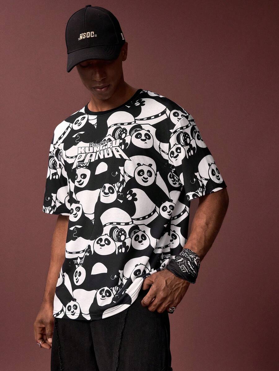 SHEIN Kung Fu Panda Men's Casual Panda Print Loose Fit Drop Shoulder T-Shirt, Fashionable Streetwear For Daily Commute, Summer - Black and White - View 1