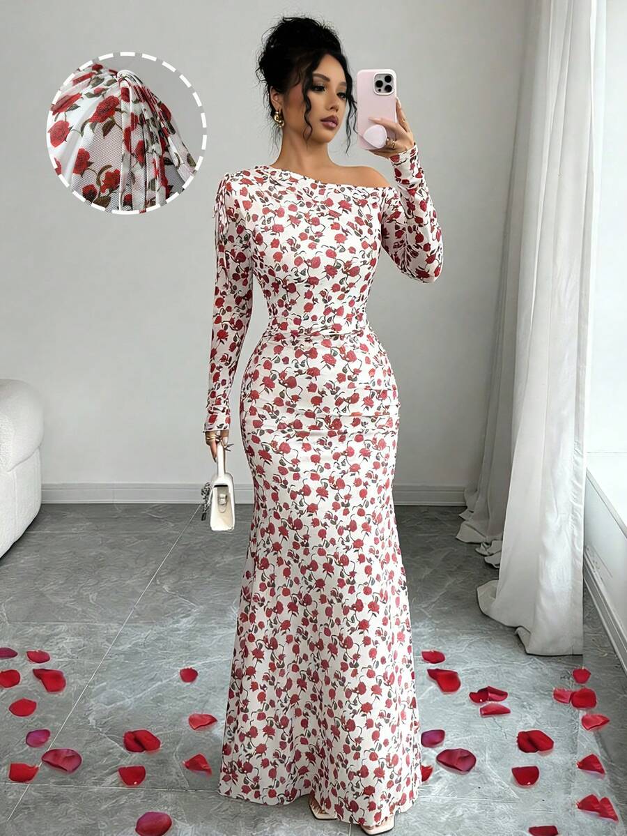 SHEIN Raffinéa 女士优雅玫瑰印花褶皱网纱花卉不对称领高开衩连衣裙，秋季服装 - 白色 - 查看 1