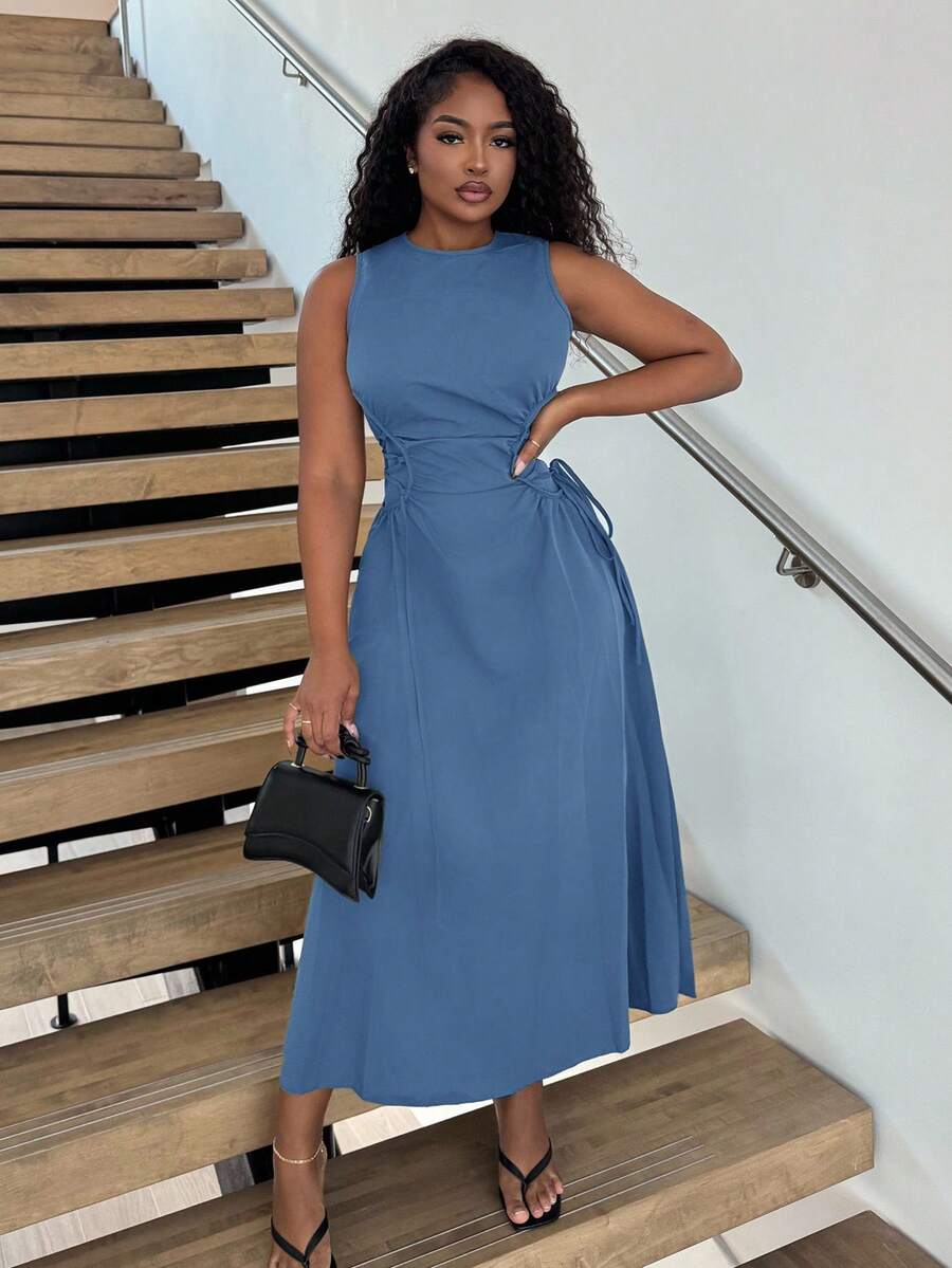 Alexandranx Black Date Night Lateral Cross Frenulum Solid Ruched Detail Long Dress - Baby Blue - View 1