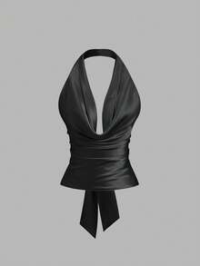 Sweetra Women's Elegant Bow Tie Halter Neck Pleated Satin Camisole - Black - View 5