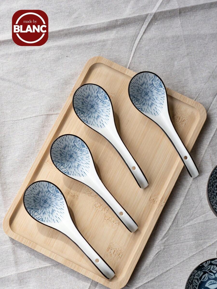 4/5 piezas Cuchara cerámica asiática, con mango largo, fácil de agarrar, base antideslizante, adecuada para fideos lamian japoneses, wonton chinos y vietnamitas, cuchara para fideos