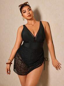 Elaquor Traje de baño de una pieza sexy con escote en V profundo de unicolor para mujer de talla grande - Negro - Ver 7
